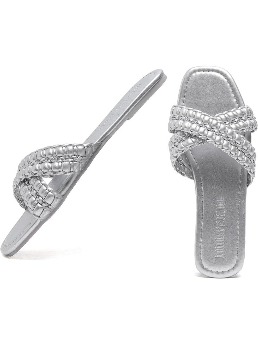 Women's Silver Faux Leather Flat Sandals Comfortable Slip On Braided - Picture 4 of 6